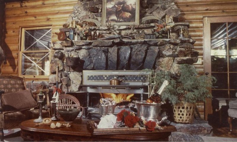 A rustic log cabin living room with a stone fireplace, a fire burning, a wood-paneled wall, plants, a chair, and a table set with champagne, roses, and various objects creates a cozy, romantic atmosphere that echoes the charm of Gold Mountain Manor history.