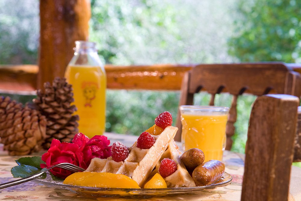A plate with waffles topped with raspberries, peach slices, and sausages sits on a table next to a red flower, a glass, and a bottle of orange juice, with pine cones in the background—capturing the cozy charm of a Big Bear bed and breakfast morning.