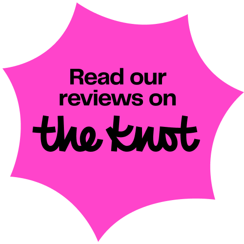 Bright pink starburst shape with black text that reads, “Read our reviews on the Knot”—the perfect highlight for anyone searching for a Big Bear wedding venue.